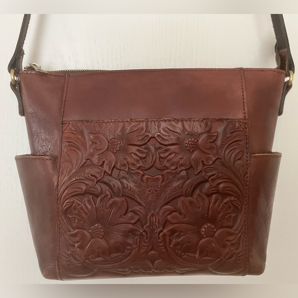 Patricia Nash Aveley British Brown Western Tooled Leather Crossbody Shoulder Bag - Picture 2 of 16